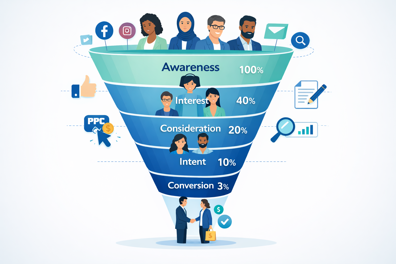 Customer acquisition funnel visualization showing stages from awareness to conversion with multiple marketing channels