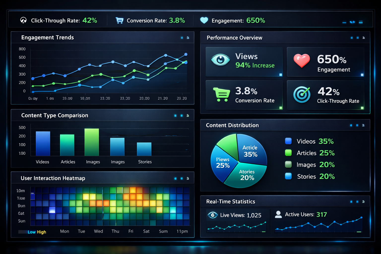 Analytics dashboard showing visual content performance metrics including engagement, conversion rates, and click-through rates