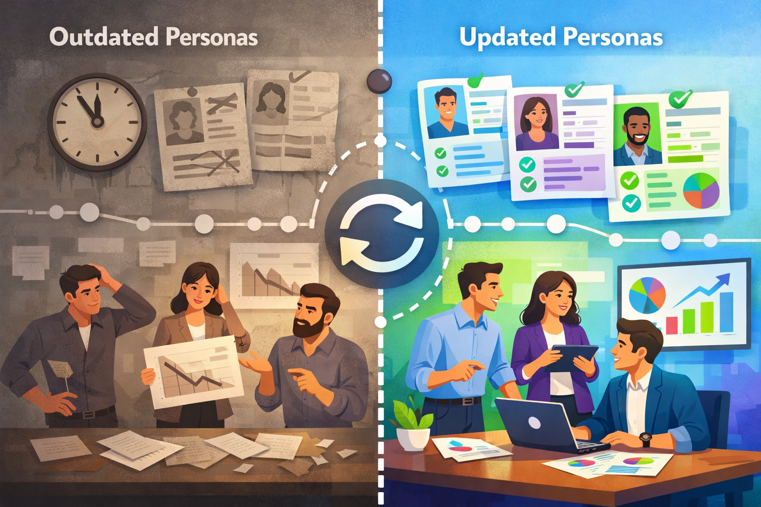 Comparison of updated vs outdated buyer personas showing the difference in data accuracy and business alignment