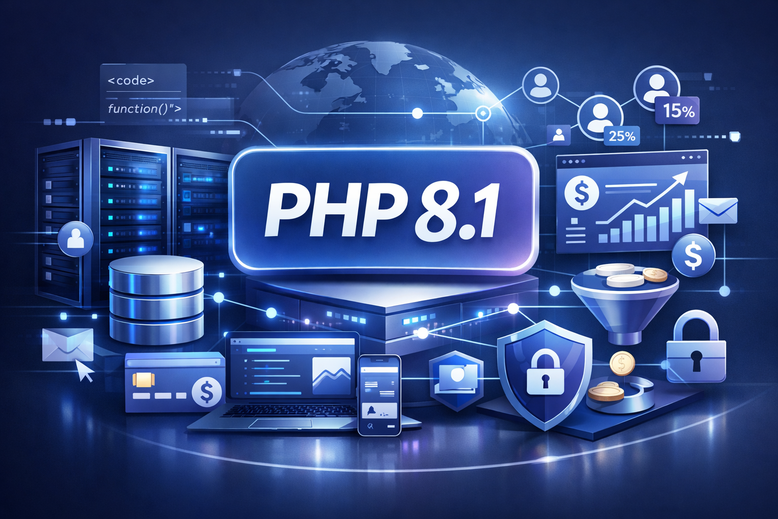 PHP 8.1 technology stack visualization with affiliate software concept