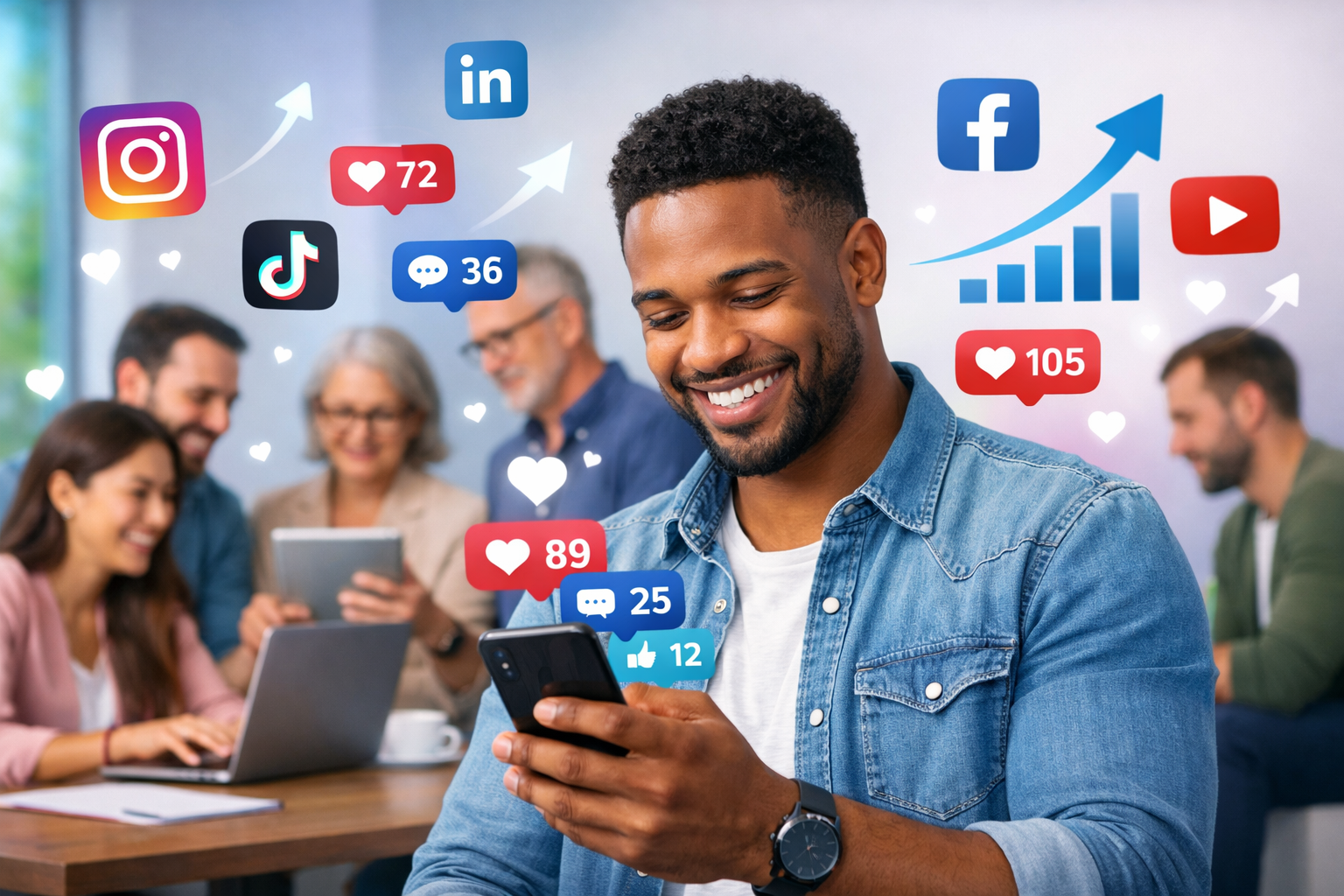 Diverse entrepreneurs engaging with social media platforms, surrounded by engagement metrics and social media icons