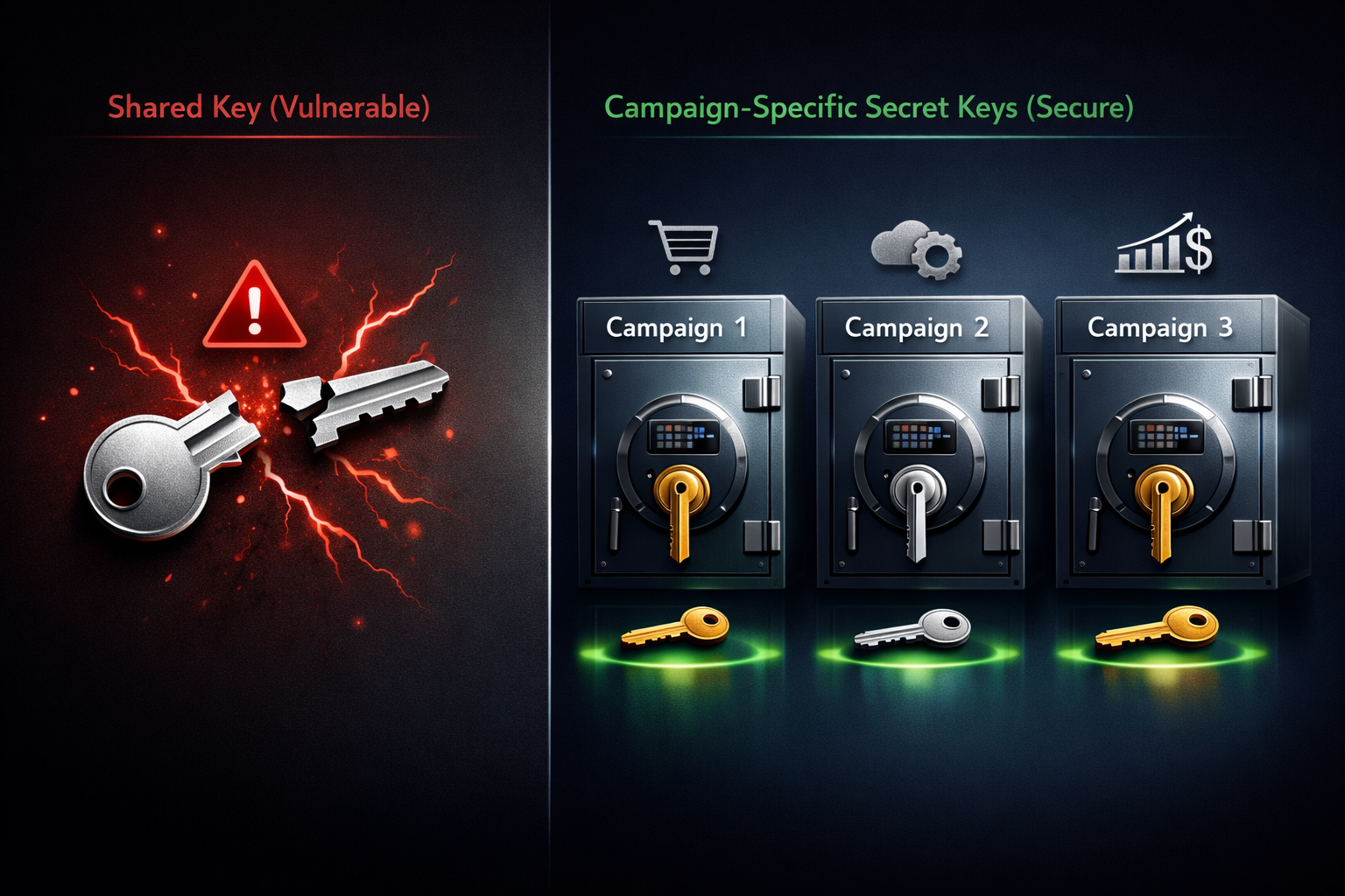Campaign-specific secret keys visualization showing isolated vaults for each campaign