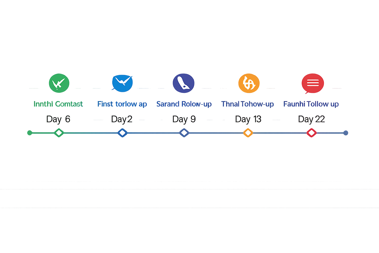 Follow-up timeline showing 6-8 week sequence with optimal spacing between touchpoints