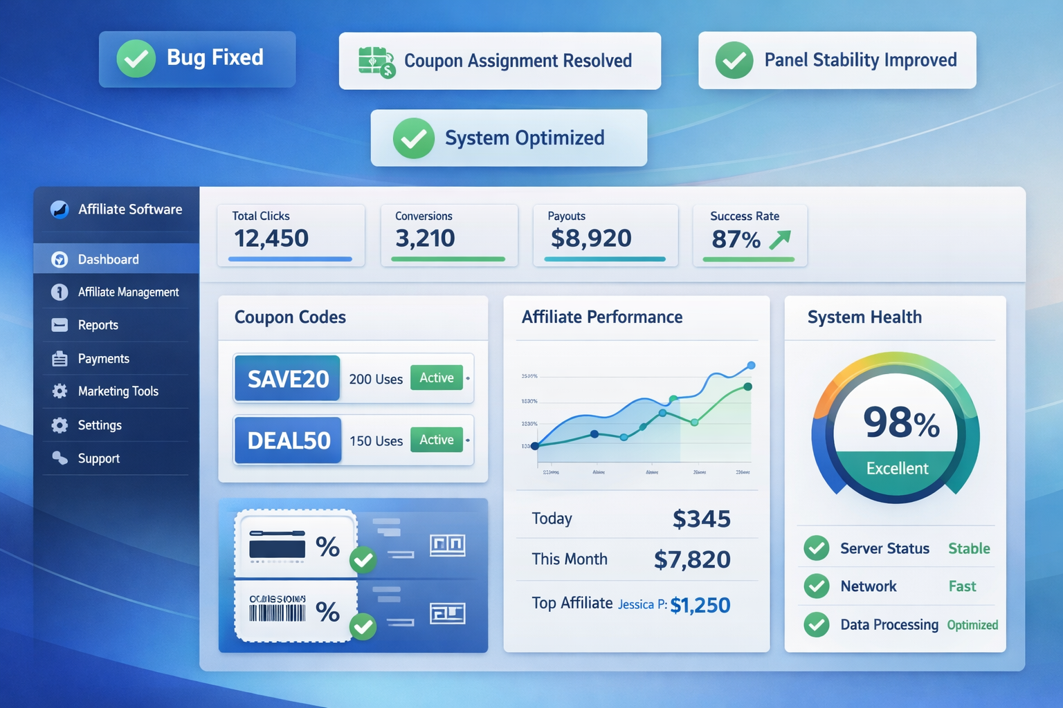 Modern software dashboard showing bug fix notifications and improvements with checkmarks and success indicators