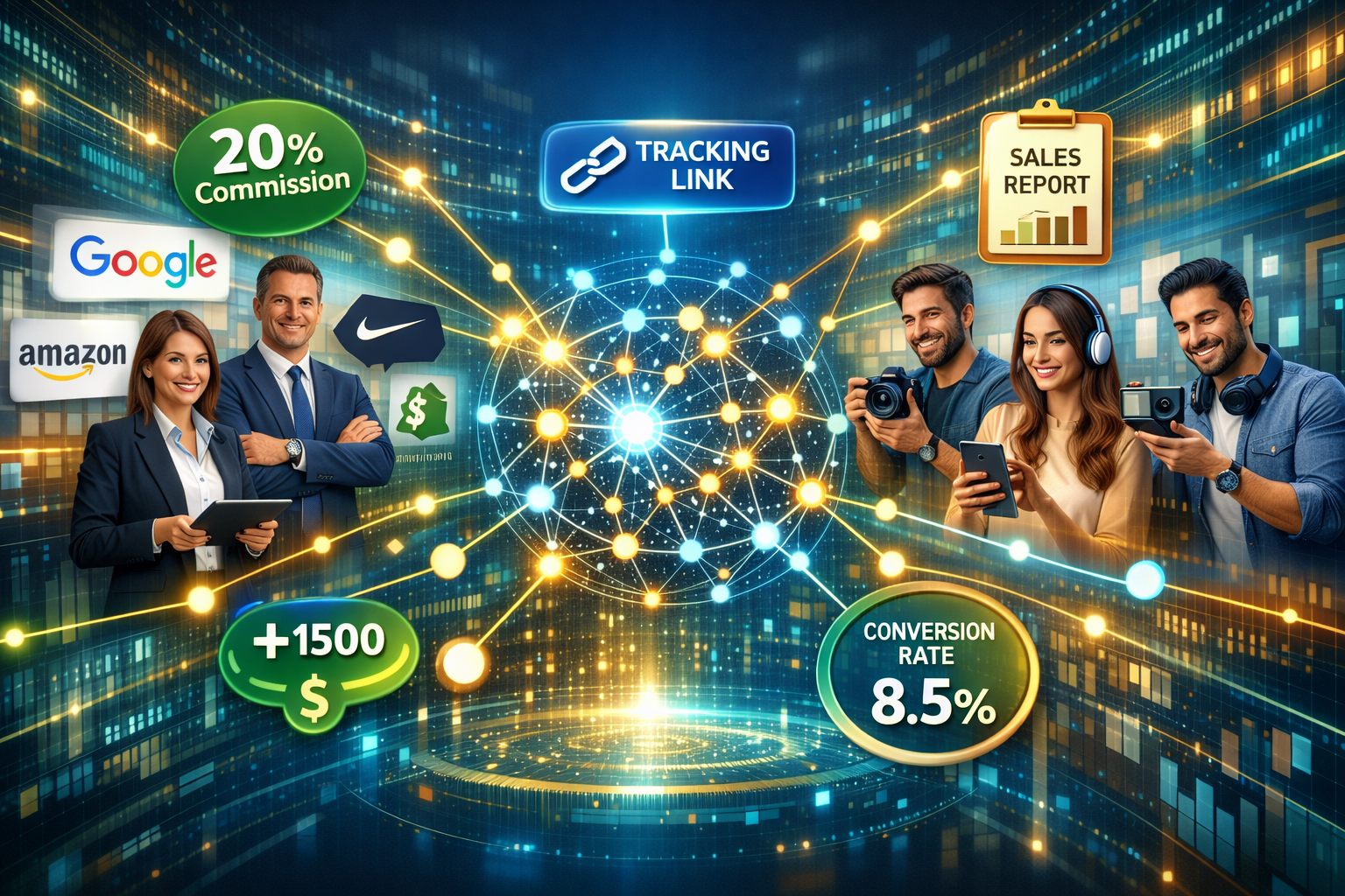 Affiliate networks connecting advertisers with affiliate marketers through digital connections