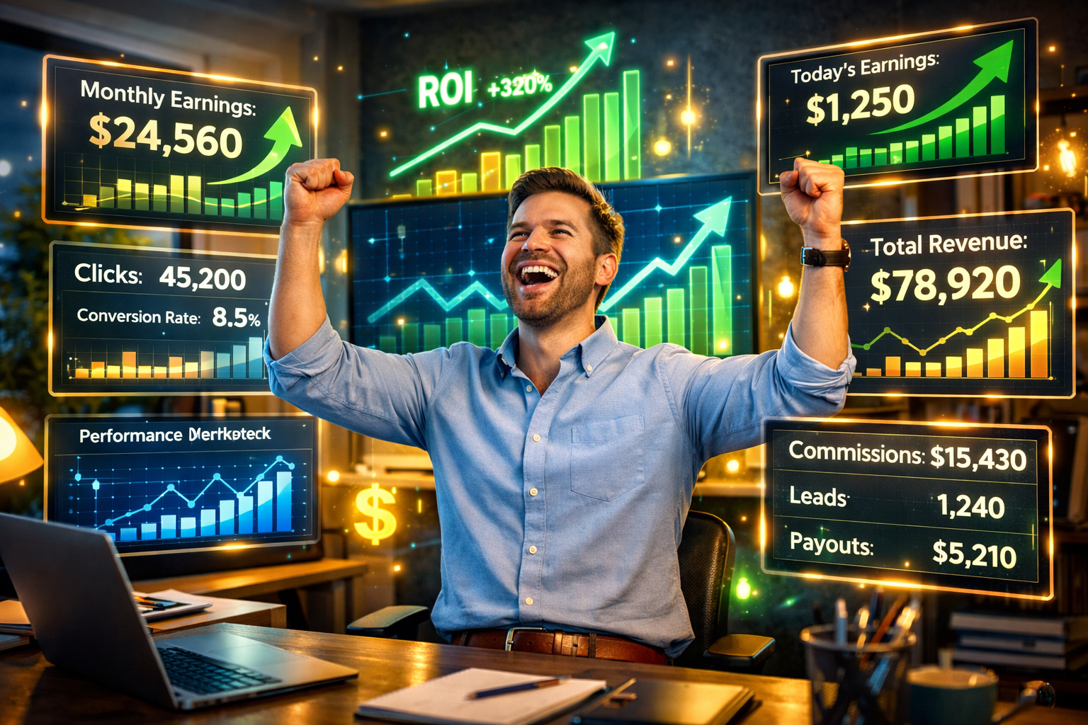 Affiliate marketer celebrating success with growth metrics and analytics dashboards