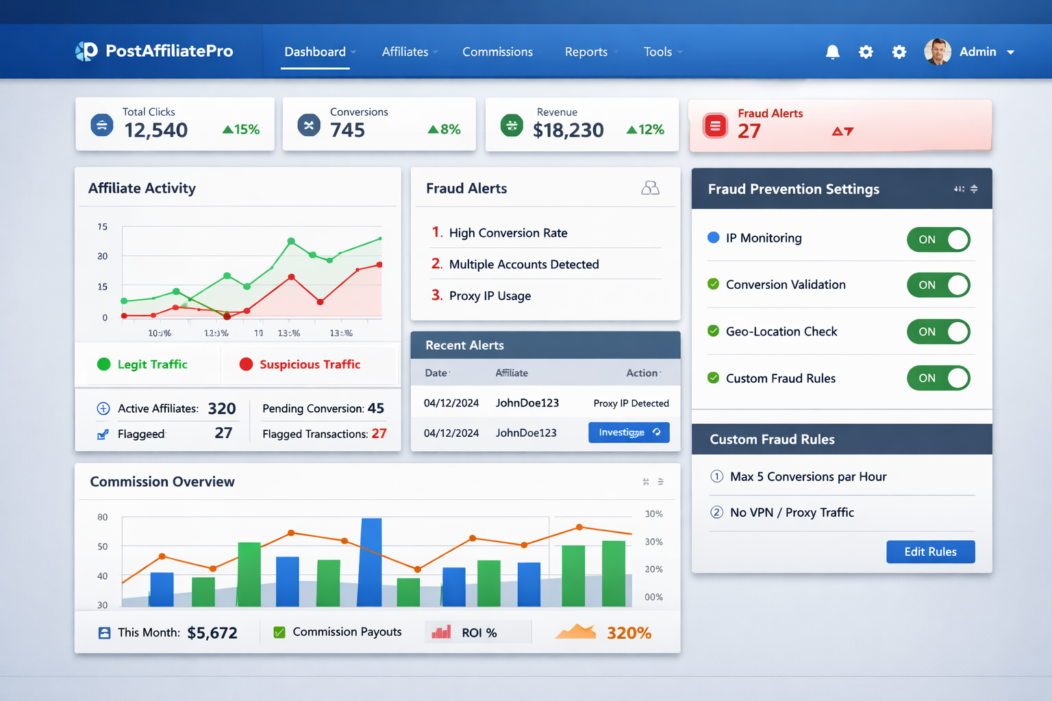 PostAffiliatePro affiliate management software dashboard showing fraud prevention features and real-time monitoring
