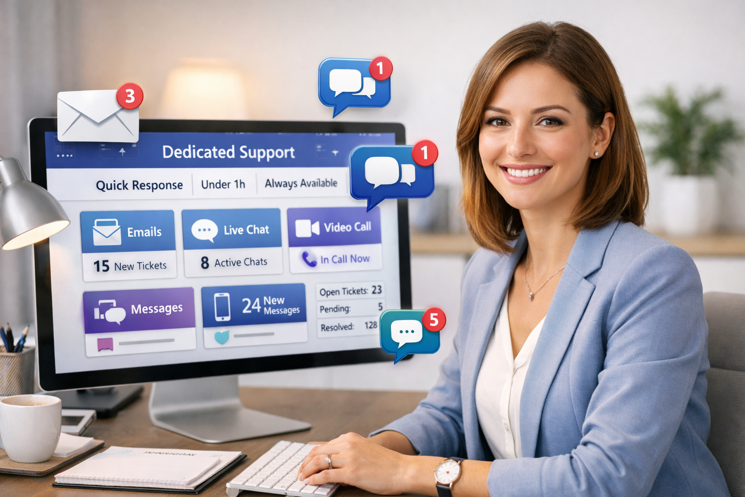 Professional support specialist managing multiple communication channels