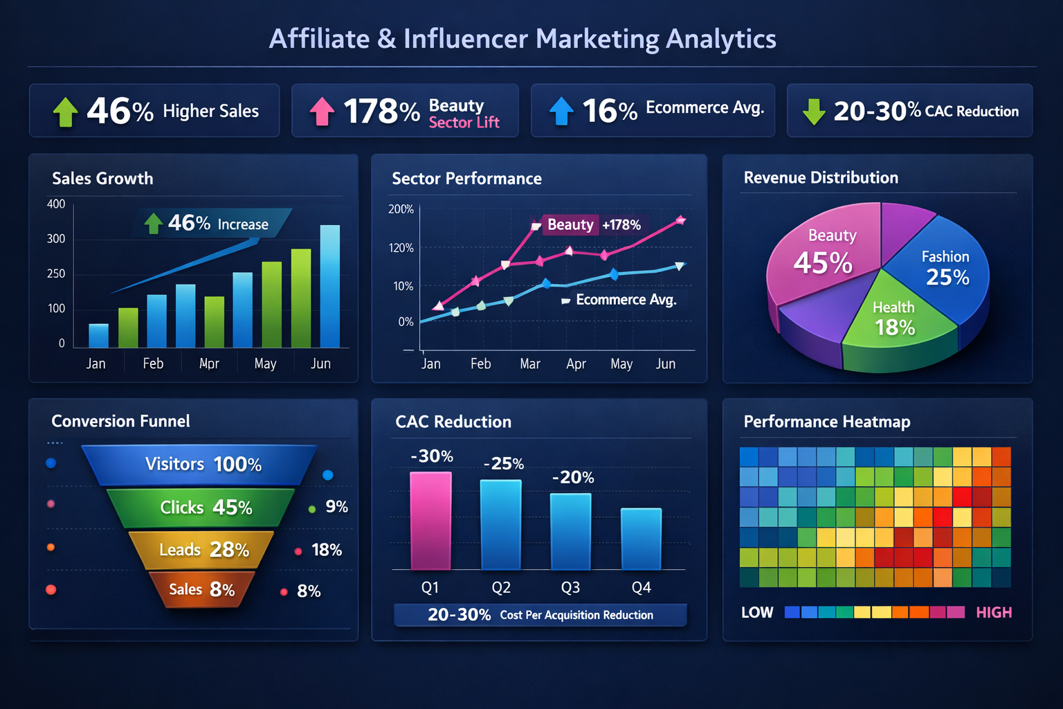 Performance metrics dashboard showing 46% higher sales and ROI analytics