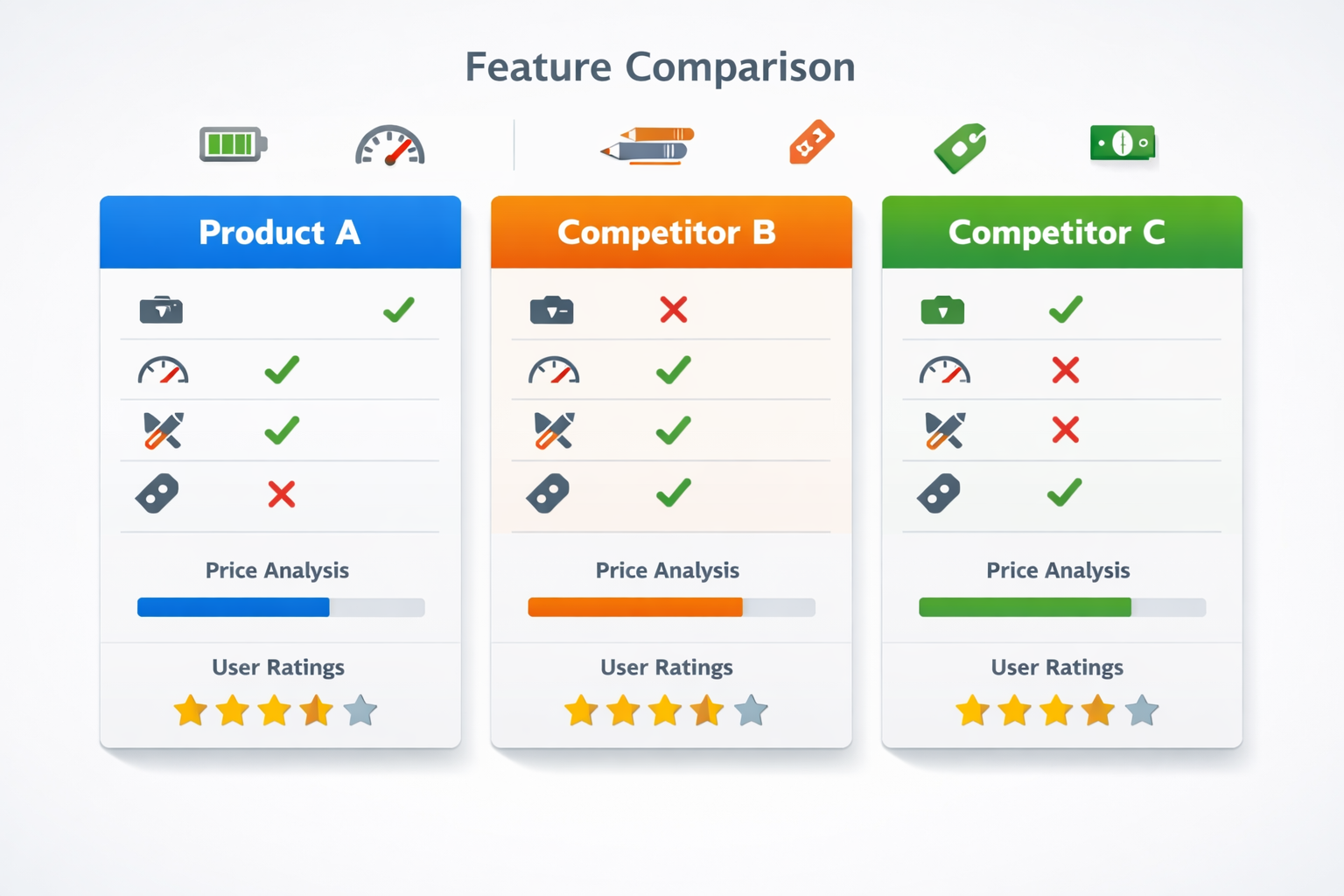 Product comparison framework visualization with feature analysis