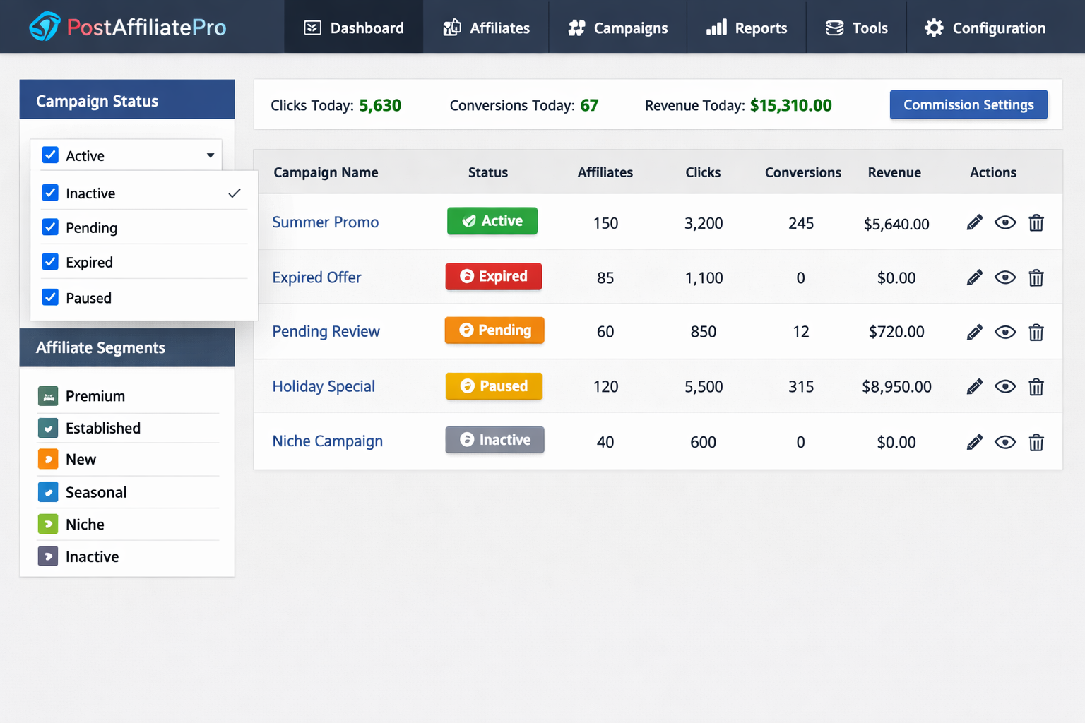 PostAffiliatePro interface showing campaign status filters and affiliate management features
