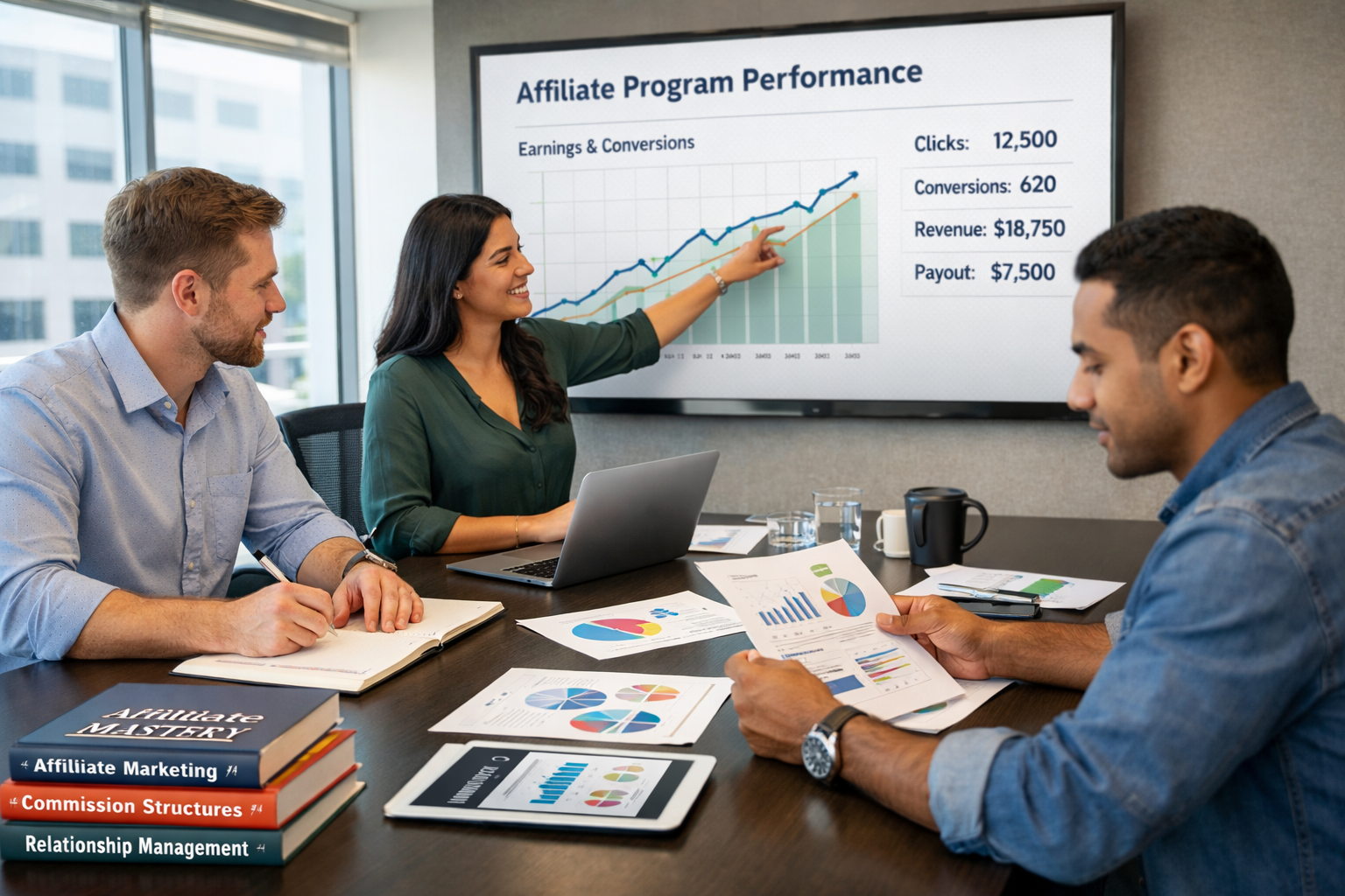 Team of affiliate marketing professionals collaborating on strategy and performance analysis