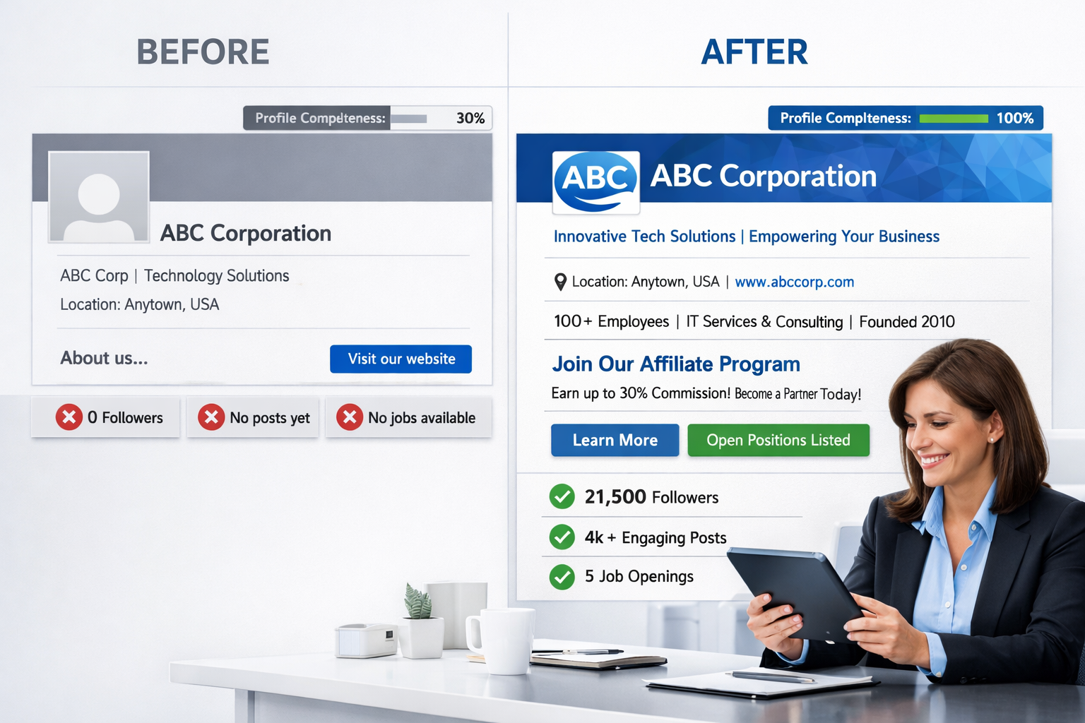 LinkedIn company page optimization before and after comparison showing profile improvements