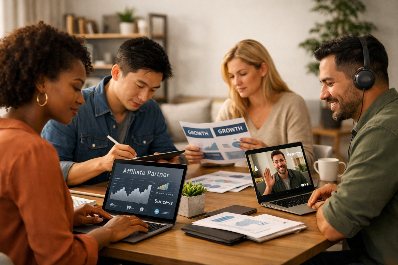 Diverse affiliate partners working on their independent businesses in a modern collaborative workspace