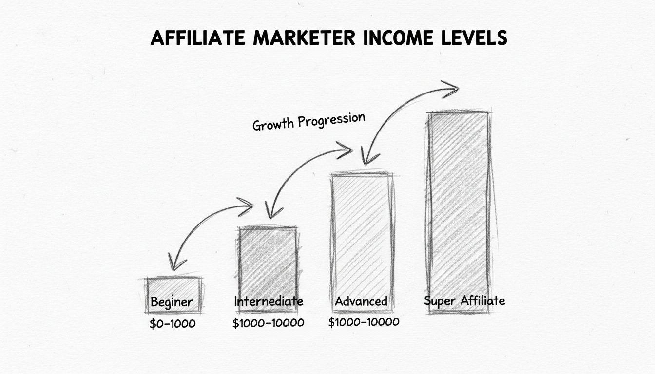 Affiliate marketer earnings breakdown by experience level showing progression from beginner to super affiliate