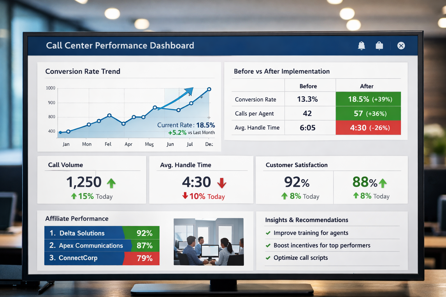 Analytics and performance tracking interface showing conversion trends and KPI metrics