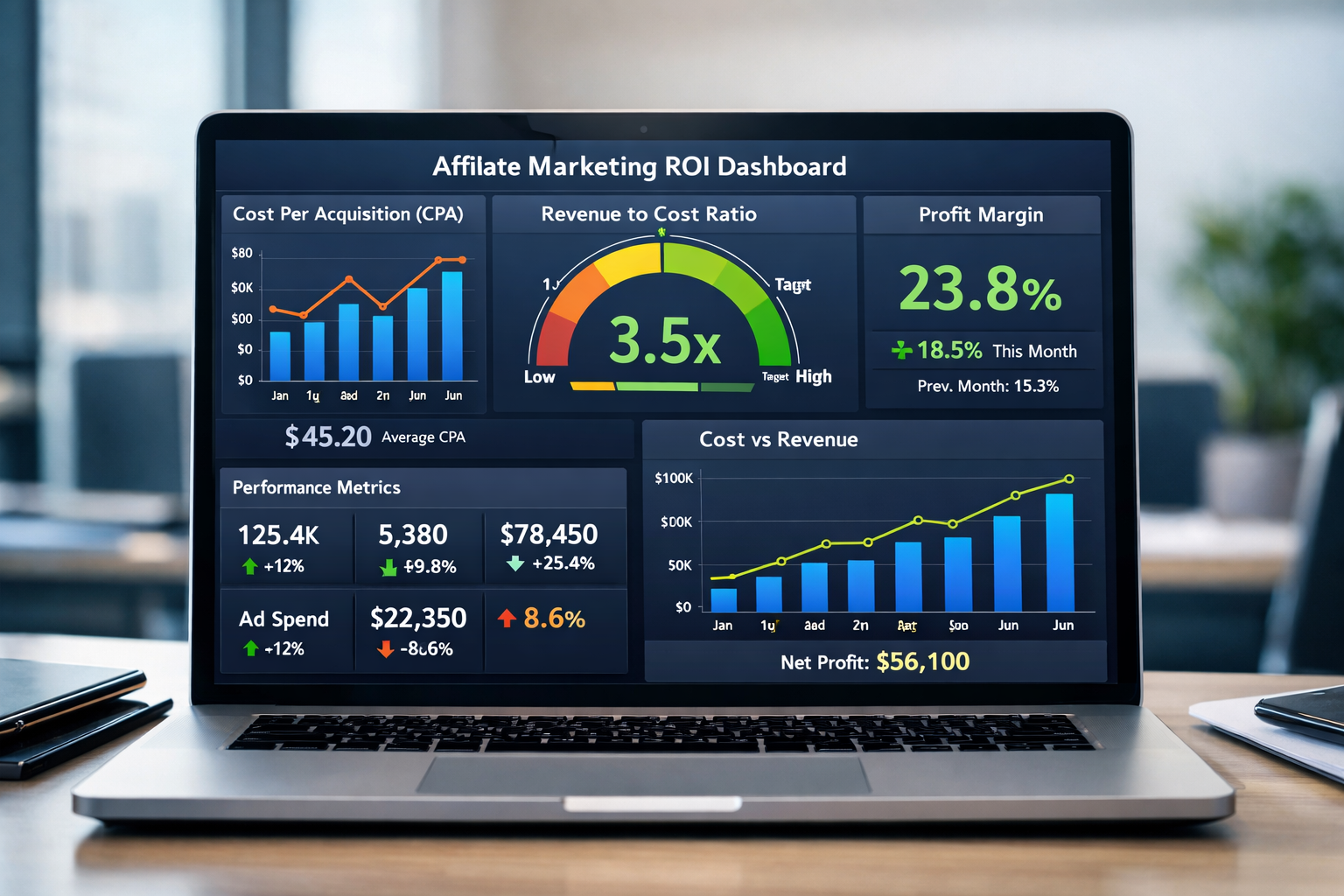 ROI calculation and cost-benefit analysis dashboard for affiliate marketing programs showing metrics and financial data