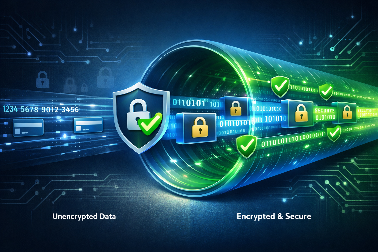 Payment security and encryption visualization showing secure data transmission