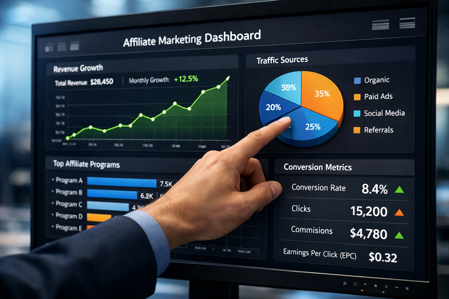 Affiliate marketing analytics dashboard with performance metrics and growth charts