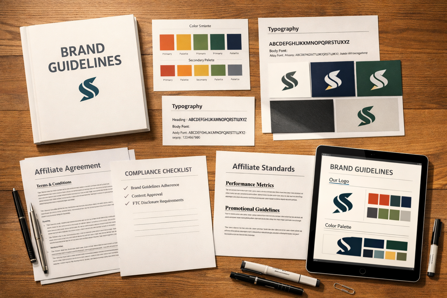 Brand guidelines documentation and affiliate marketing materials with color swatches and compliance checklist