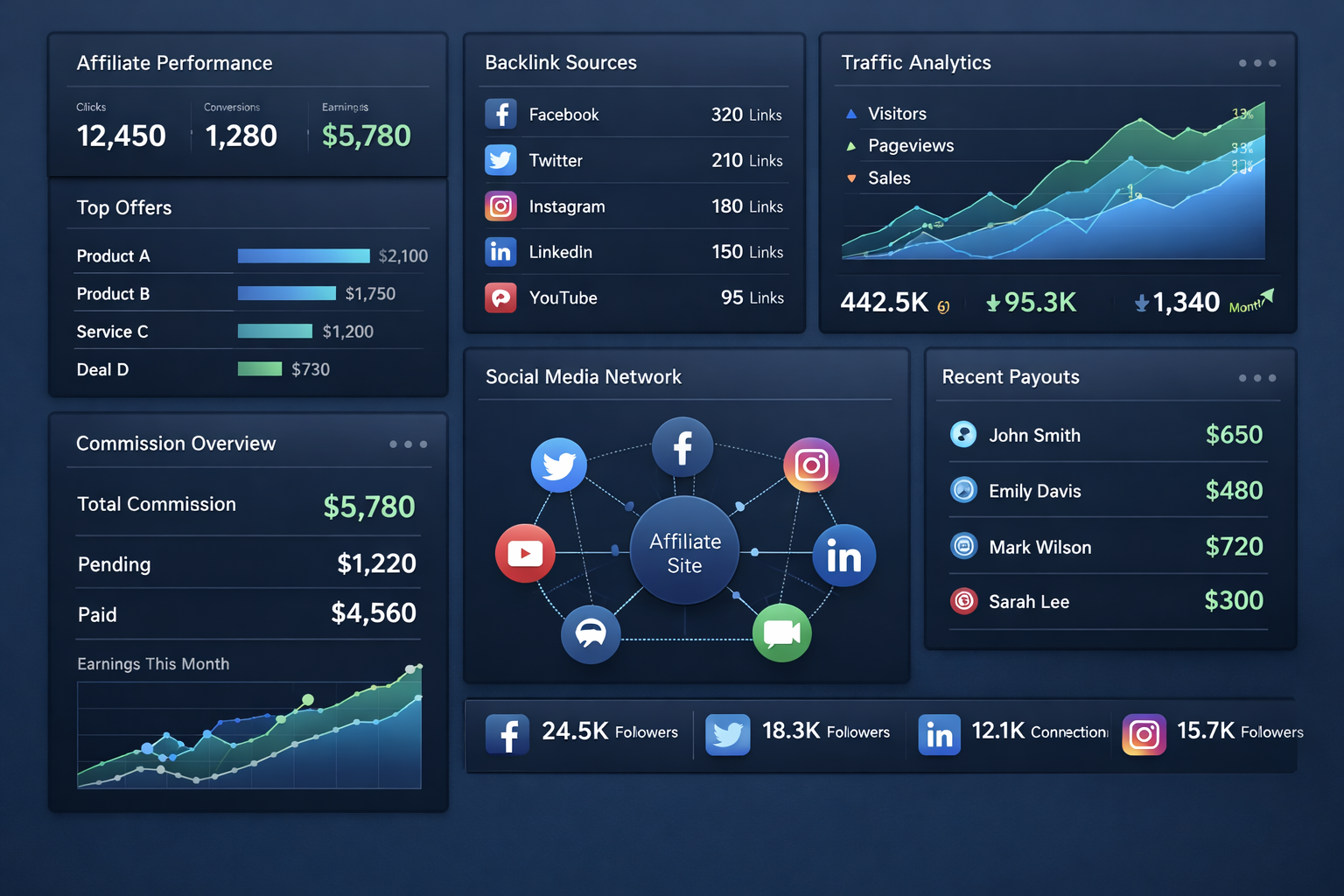 Affiliate marketing dashboard showing backlink tracking and analytics