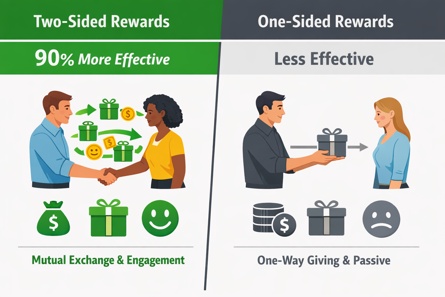 Comparison diagram showing two-sided rewards vs one-sided rewards effectiveness