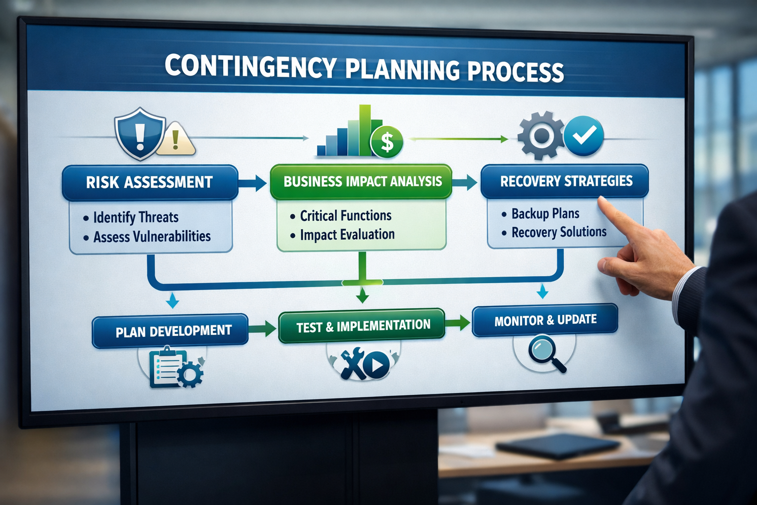 Contingency planning flowchart showing risk assessment and recovery strategies