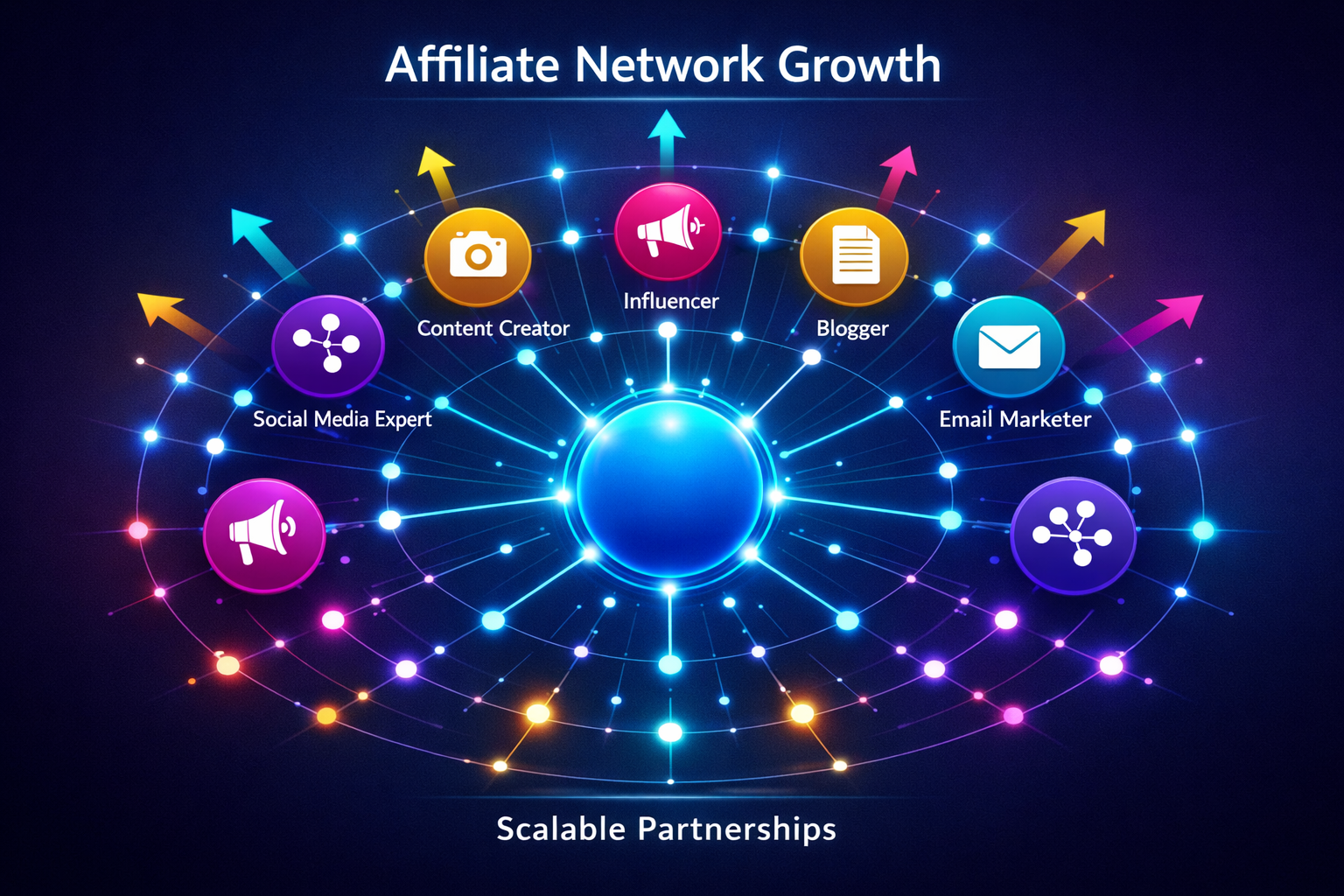 Network diagram showing affiliate marketing ecosystem with scalable partnerships and growth