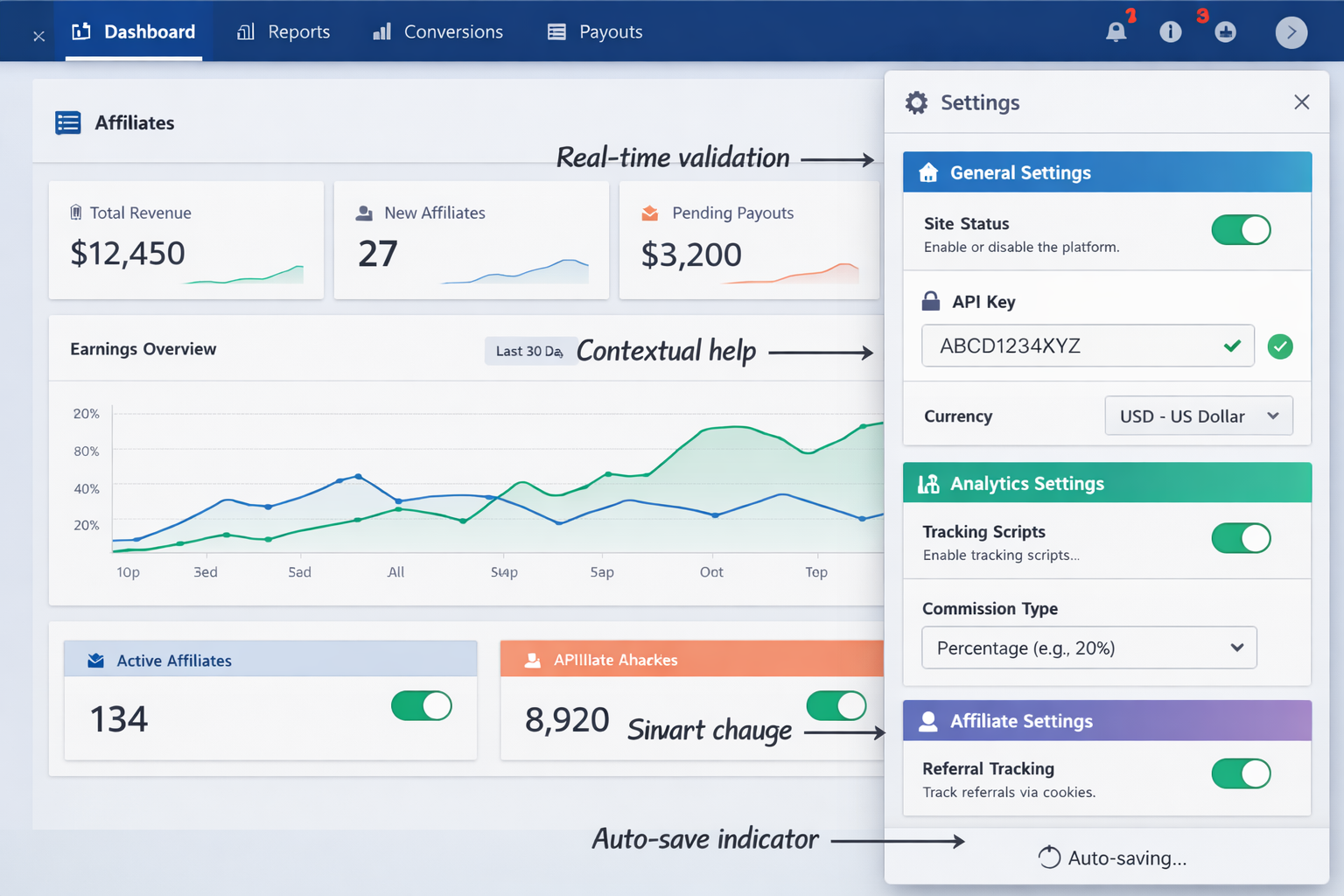 Modern in-page configuration settings panel with integrated controls and real-time feedback