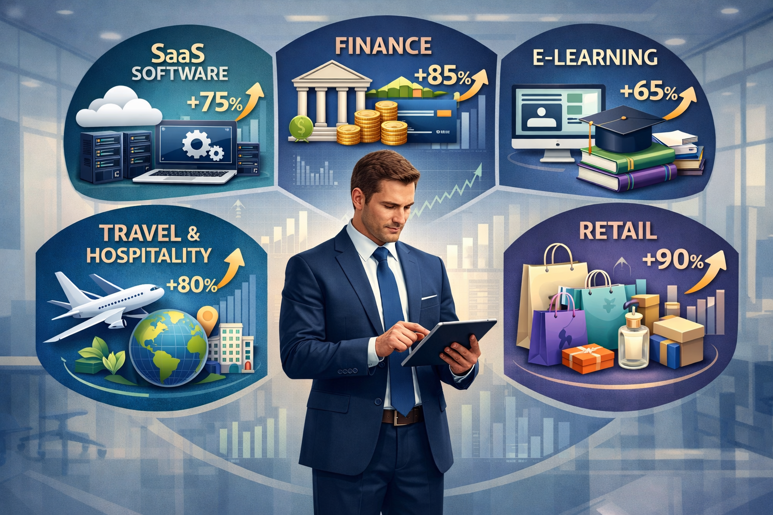 Diverse business sectors showing SaaS, Finance, E-learning, Travel, and Health & Wellness niches with growth indicators
