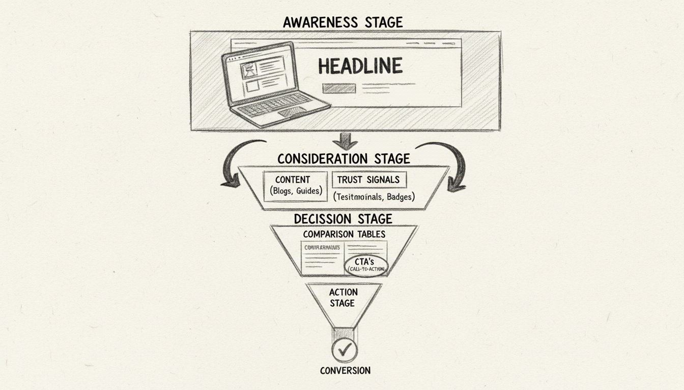 Conversion funnel diagram showing awareness, consideration, decision, and action stages with visual flow