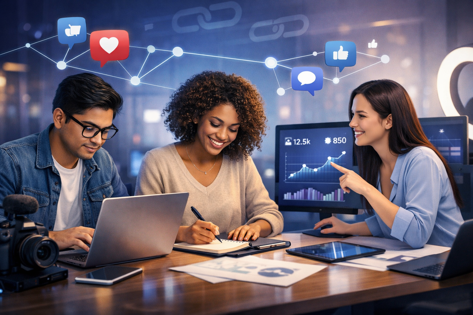 Influencers collaborating on content creation for social media backlinks