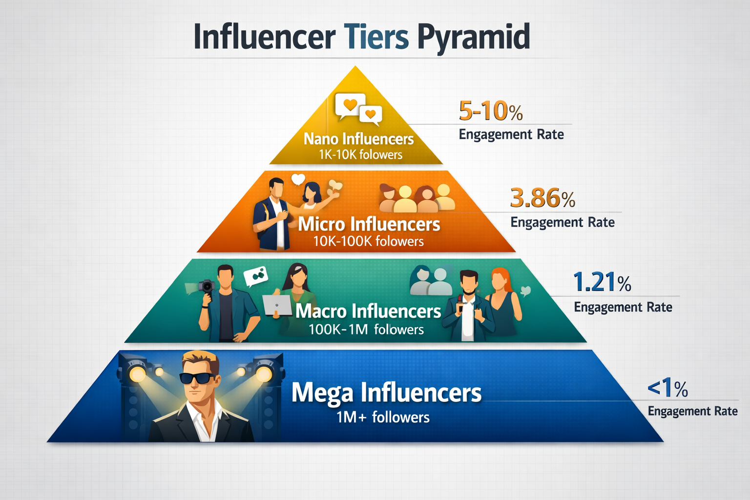 Influencer Tiers Pyramid showing nano, micro, macro, and mega influencers with engagement rates