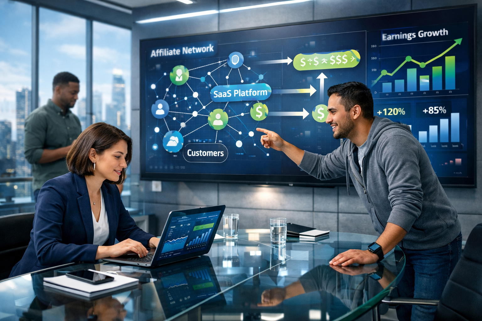 Professional SaaS affiliate marketing team collaborating with analytics dashboard