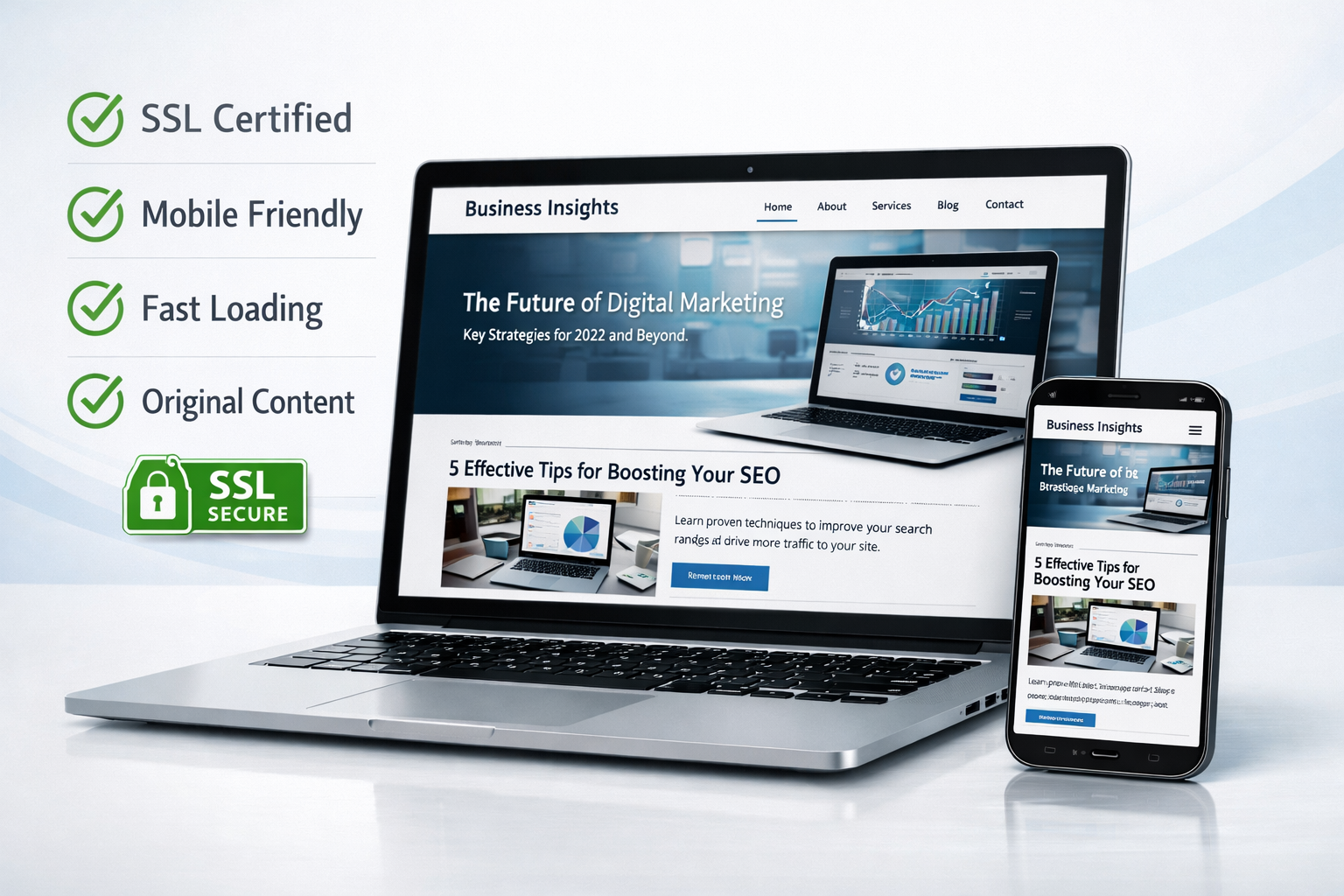 Website quality verification showing SSL badge, mobile responsiveness, and content quality indicators