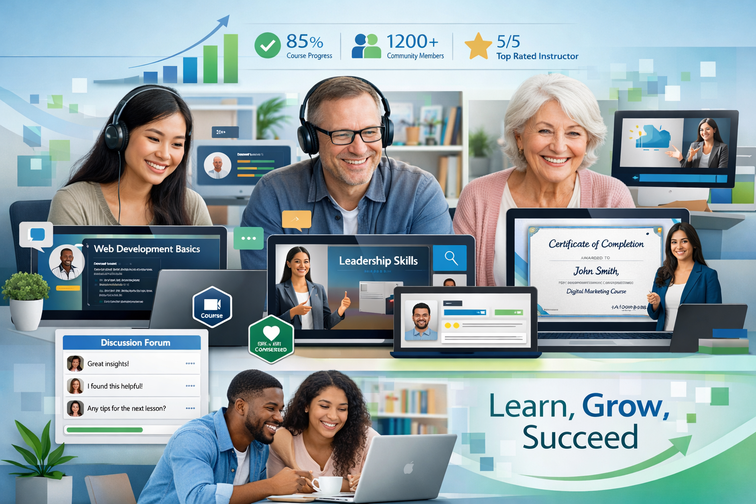 Modern online education platform showing diverse learners and course content