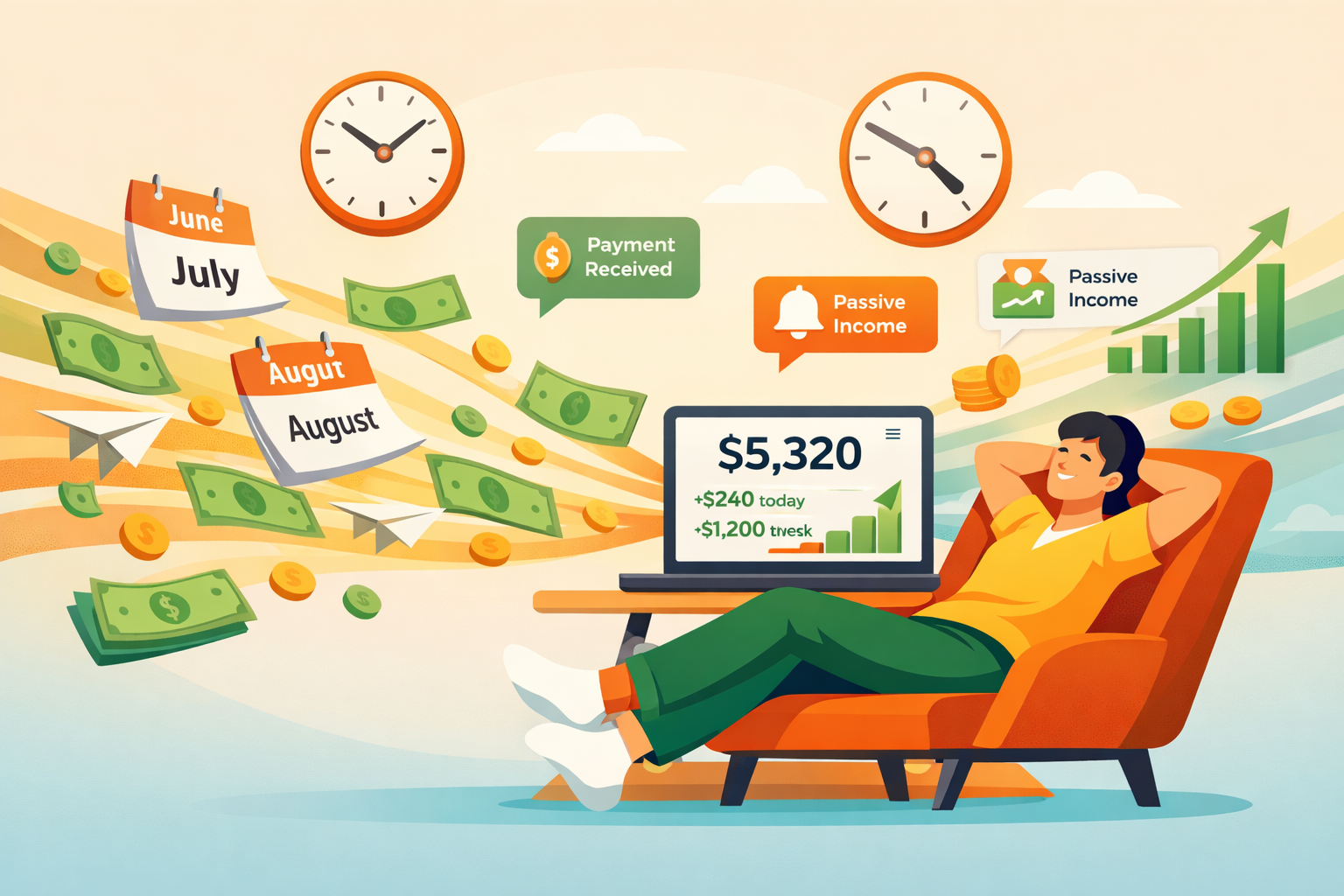 Person relaxing while passive income flows in from multiple sources