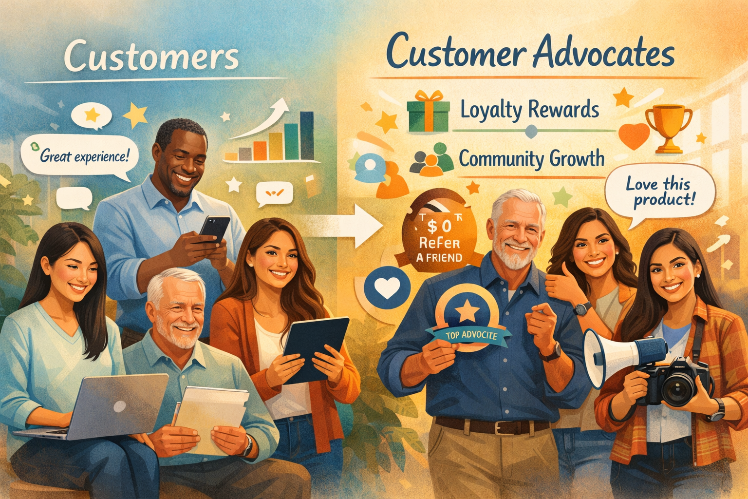 Customer advocacy program showing diverse customers becoming brand ambassadors