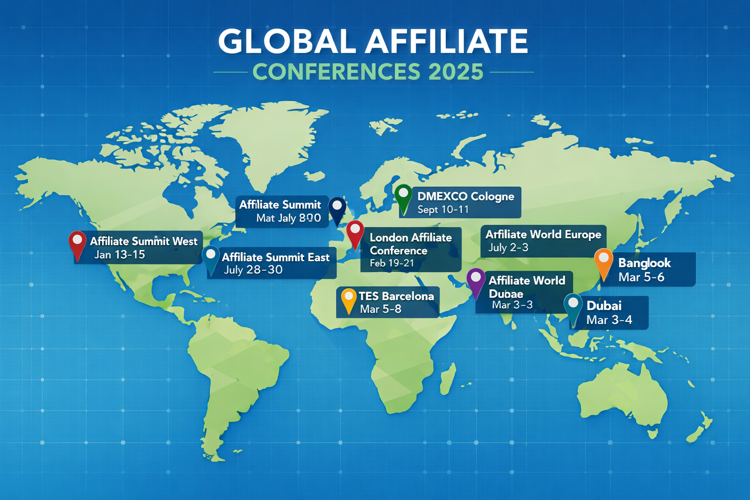 Global map showing major affiliate conference locations worldwide