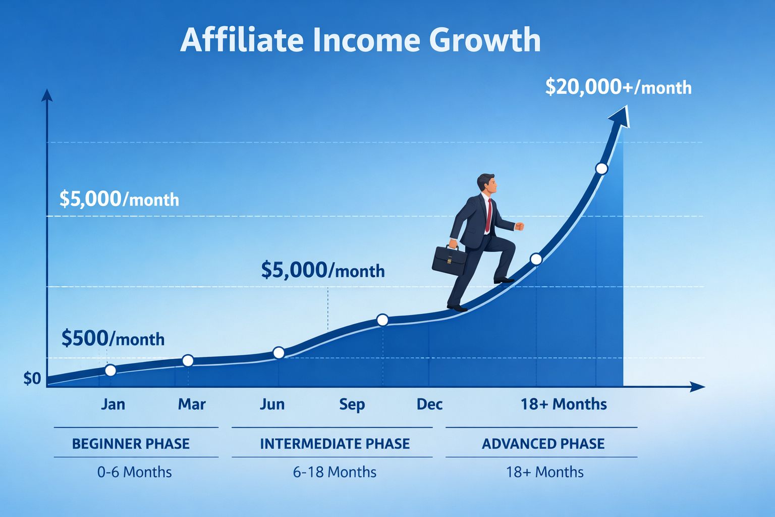 Affiliate income growth timeline showing progression from beginner to advanced earners