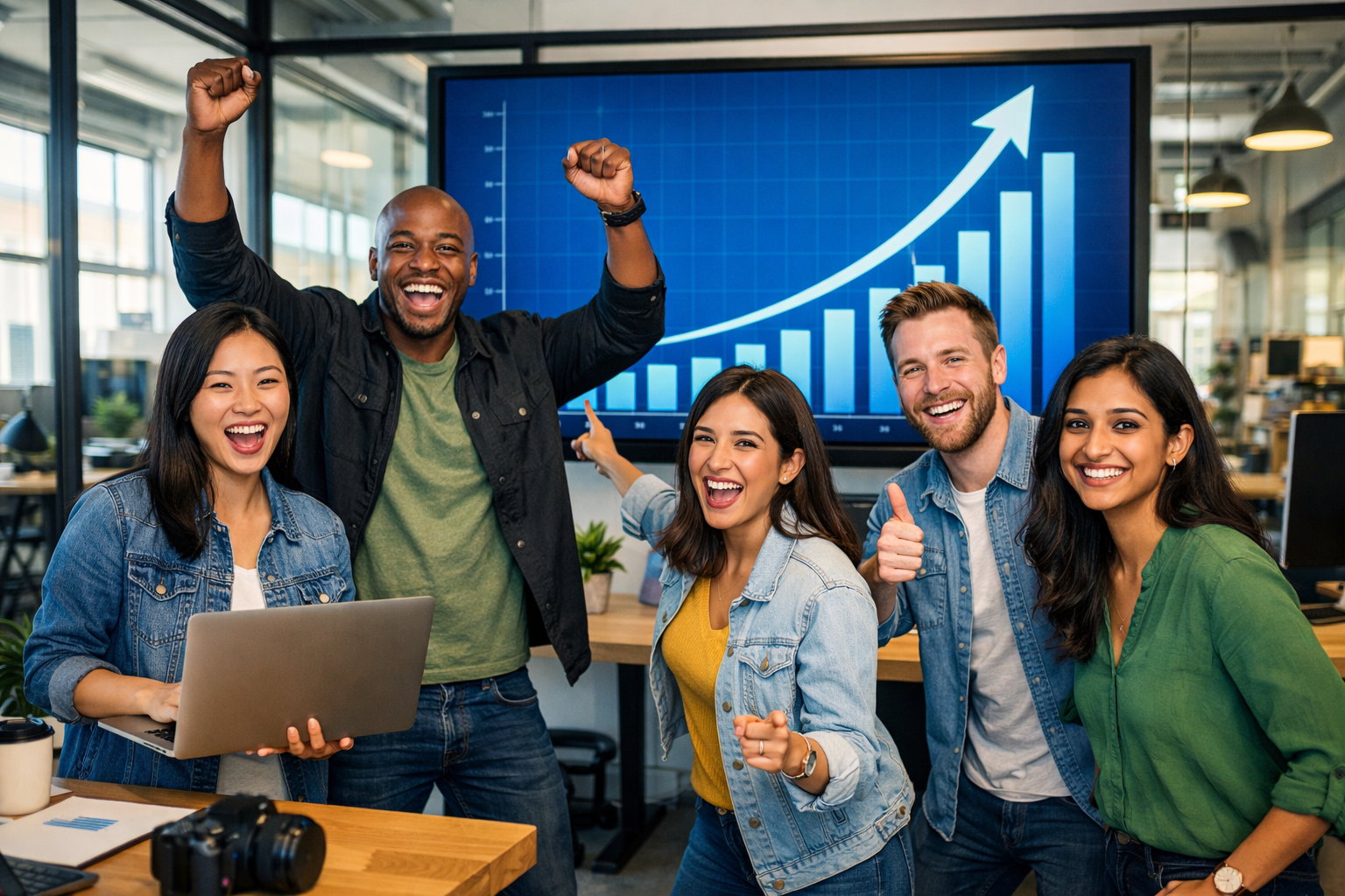 Diverse tech startup team celebrating success with upward trending growth chart displayed on screen behind them