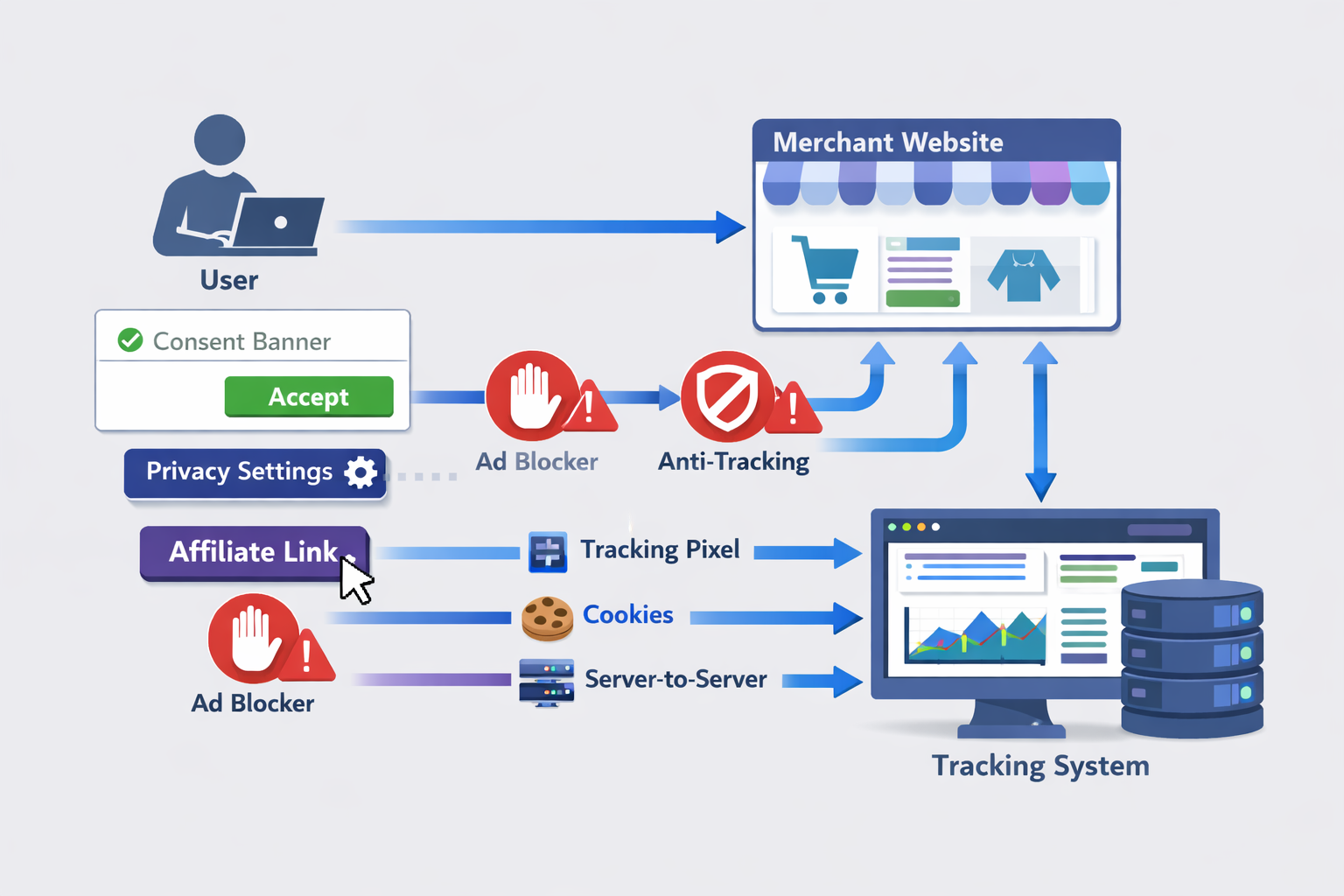Affiliate tracking infrastructure and data flow diagram