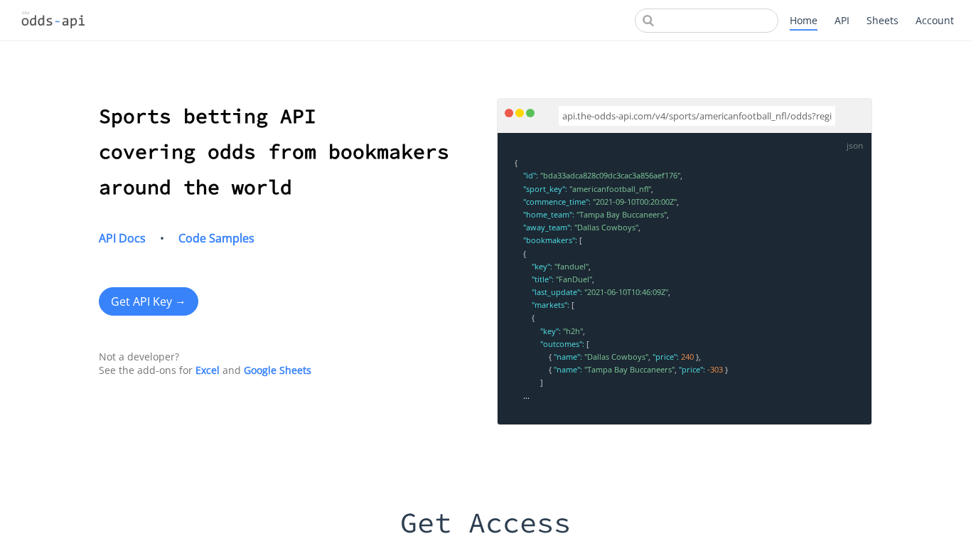 The Odds API widget provider homepage