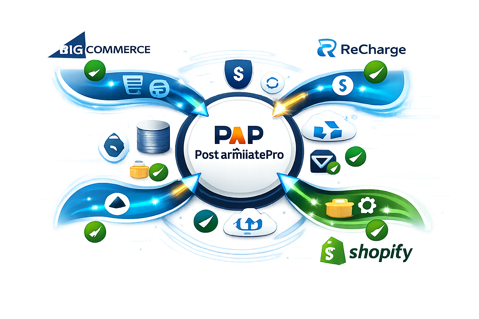 Integration ecosystem showing BigCommerce, ReCharge, and Shopify connected to PostAffiliatePro