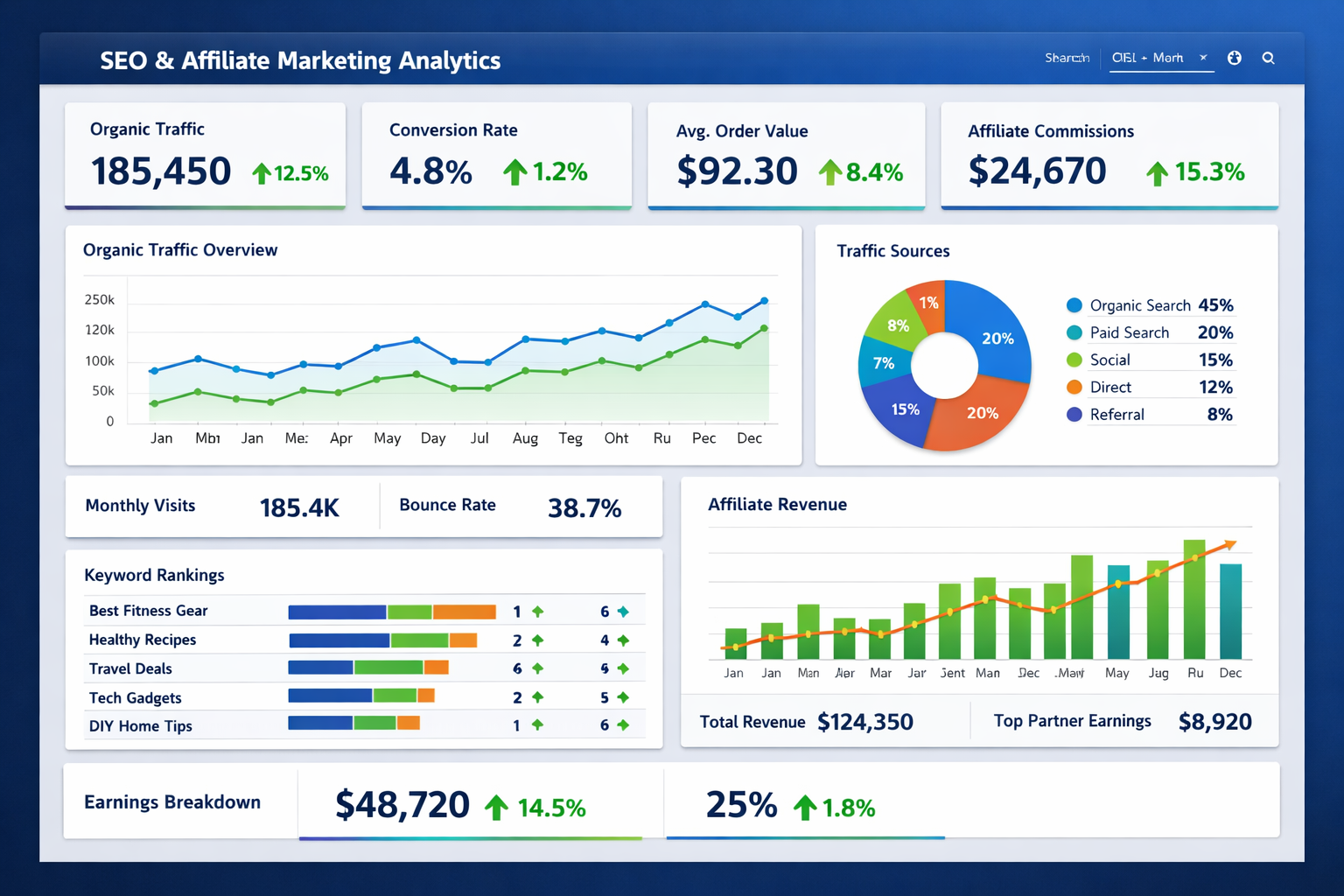 Analytics dashboard showing SEO metrics, organic traffic trends, and affiliate marketing performance data