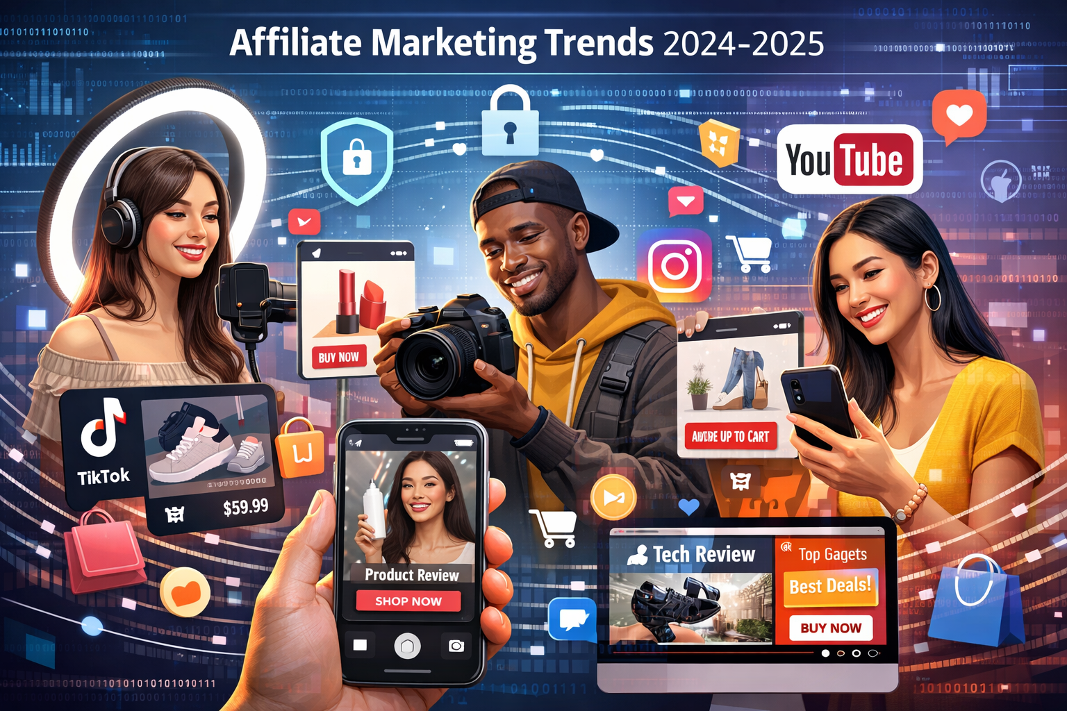 Modern affiliate marketing landscape showing social commerce, micro-influencers, and diverse content creators