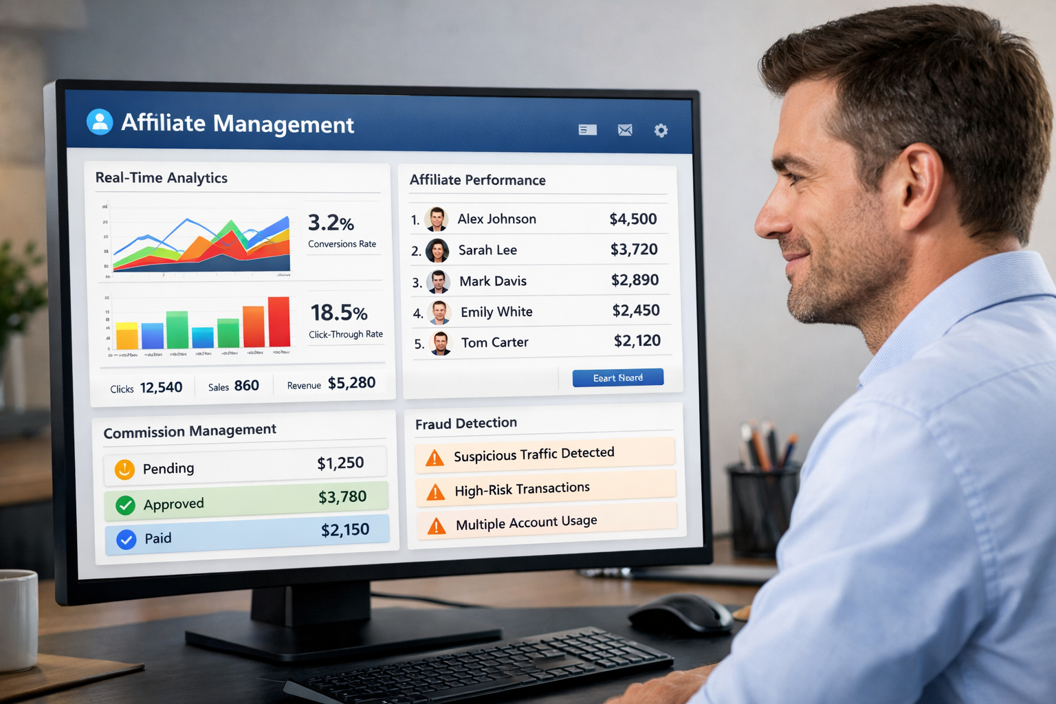 Affiliate management software dashboard showing analytics, performance metrics, and fraud detection