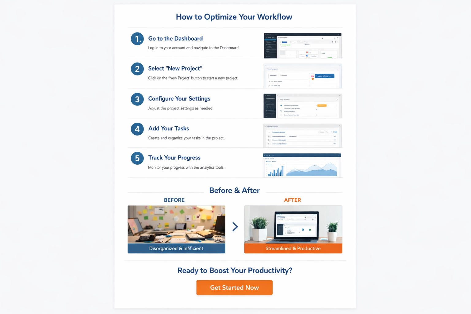 Professional tutorial webpage layout showing numbered steps with CTAs