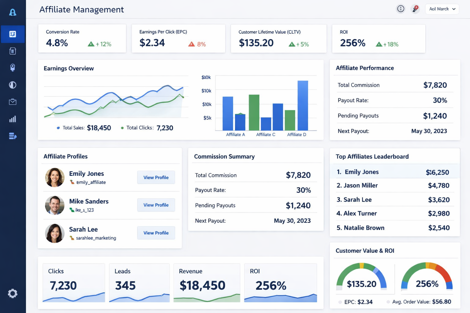 Modern affiliate management dashboard showing performance metrics and analytics