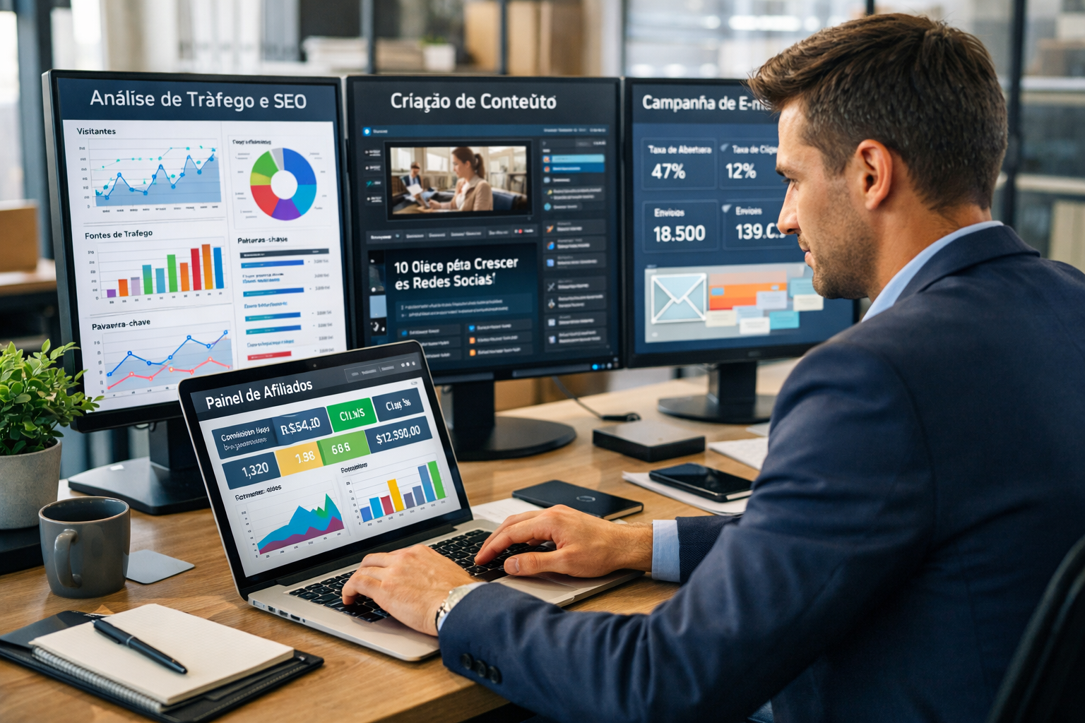 Digital marketer working on affiliate marketing strategy with multiple analytics dashboards